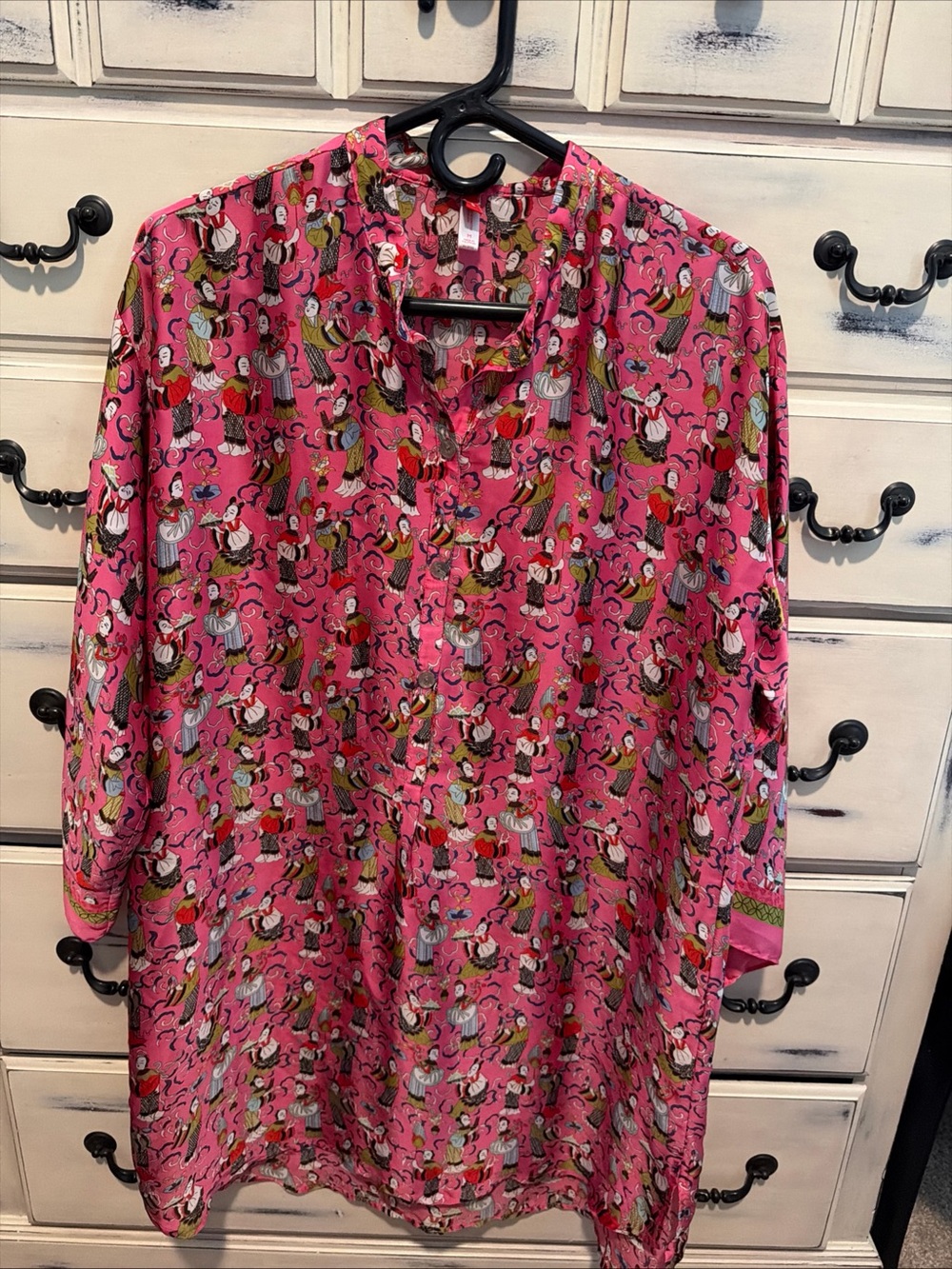 Josie Natori Asian Satin 3/4 Button Night Shirt Nightgown Wide Sleeve Loungewear